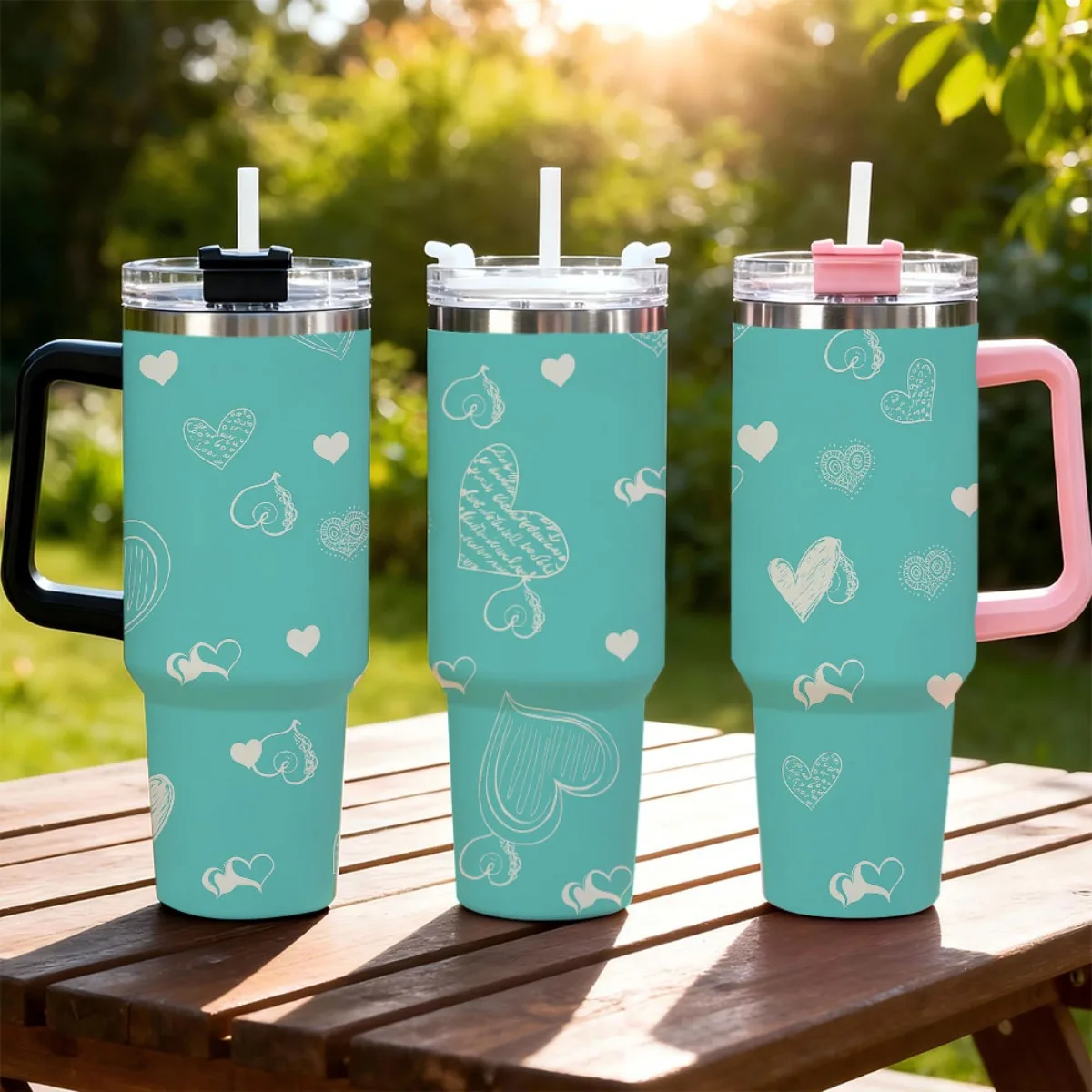Turquoise White Script Heart Print 40oz Insulated Stainless Steel Travel Tumbler With Handle And Lid