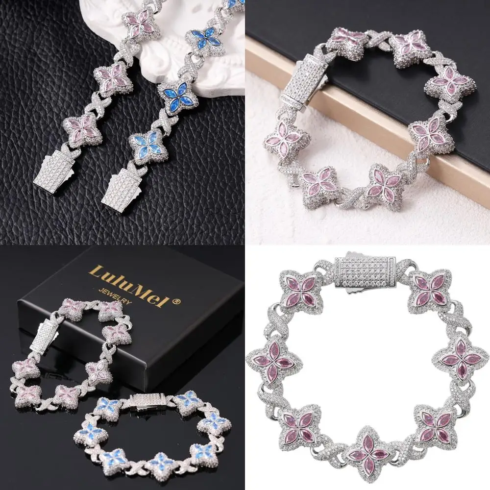 

Браслет Infinity Charm Iced Out 5A с кубическим цирконием и четырьмя листами, серебряный тон, модный аксессуар унисекс для Rappers