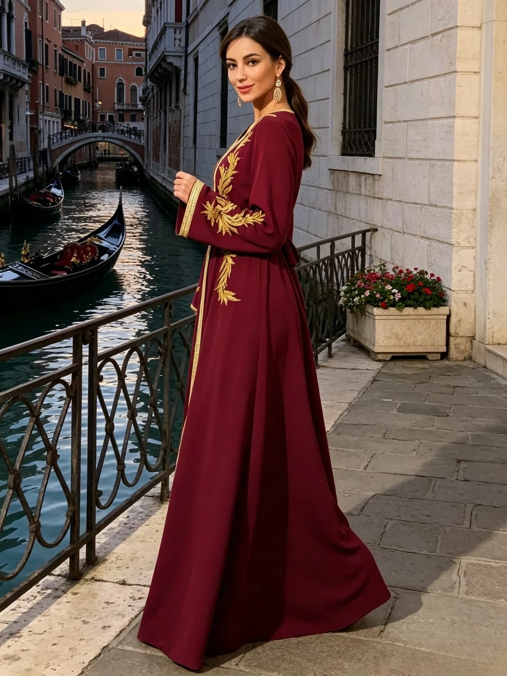 Customized Burgundy V-neck Kaftan Long Dresses 2026 with Gold Pattern Belt Elegant Muslim Evening Gown Suitable for Ceremonies
