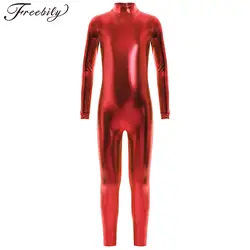 Kinderen Meisjes Jongens Glanzend Metallic Gymnastiek Turnpakje Lange Mouw Rits Volledige Body Catsuit Ballet Dans Unitard Halloween Kostuum