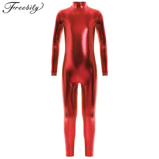 Dzieci dziewczęta chłopcy błyszczący metaliczny trykot gimnastyczny z długim rękawem Zip pełne body Catsuit taniec baletowy Unitard kostium na Halloween
