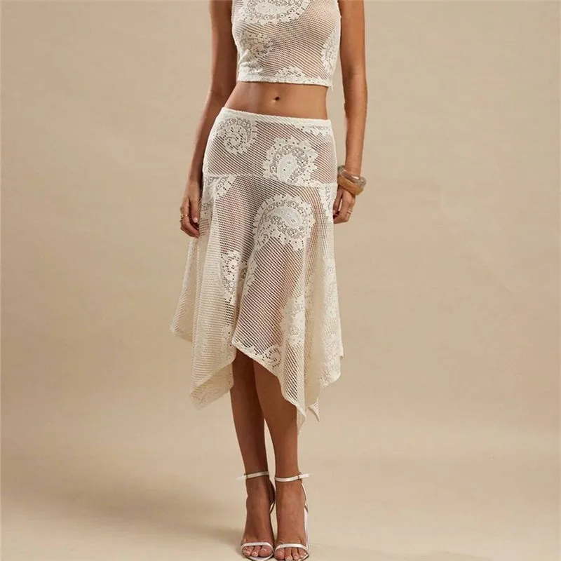

Women High Waist Asymmetrical Hem Flared Skirt See Through Casual Summer Skirt Daily Wear Paisley Lace Sheer Midi Skirt