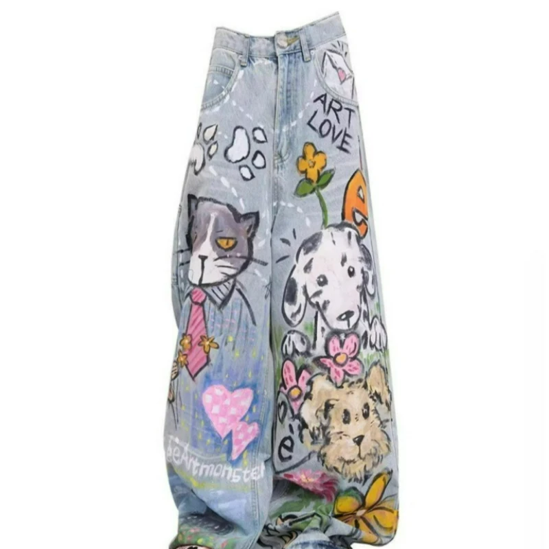 

Модные повседневные джинсы с мультяшным принтом для мужчин и женщин, осень 2026, новинка, свободные широкие брюки в уличном стиле, с характером