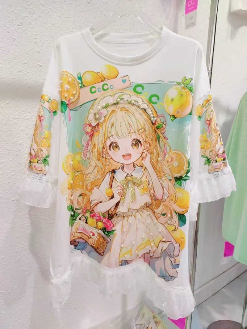 Heavy Industry Beads Diamond Drills Kawaii Tees Korean Style Tshirt Women's Summer Wear Loose Short-sleeved Top T-shirt Pullover