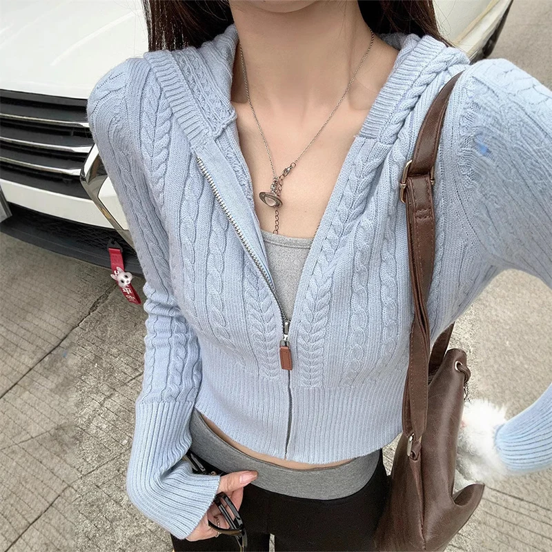 

New Twisted Sweater Cardigan Women Spring Autumn Korean Hooded Knitted Cardigans Stretch Slim Fit Vintage Zipper Sweater Jacket