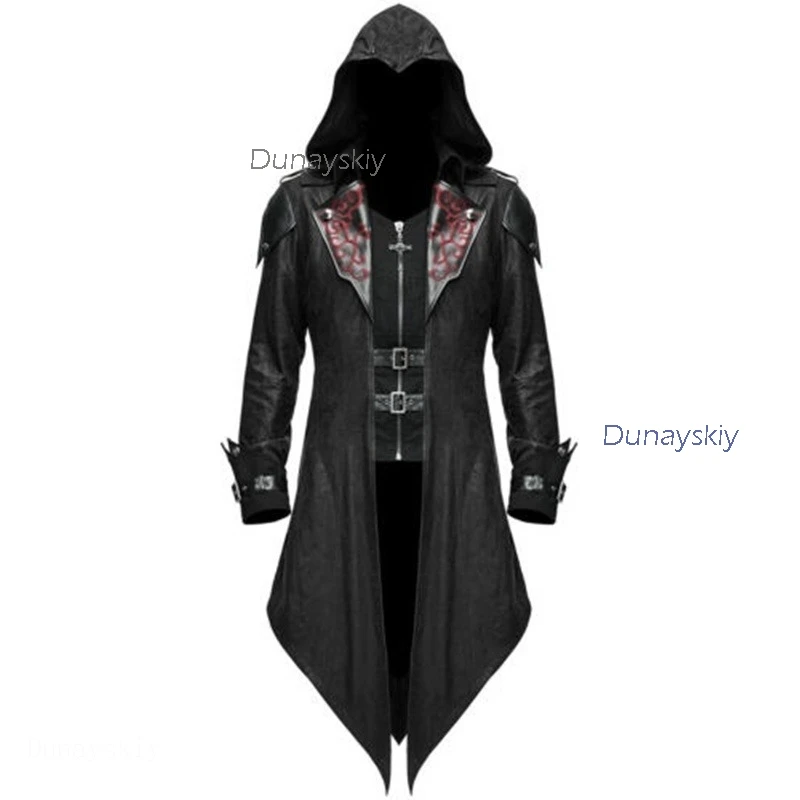 

Steampunk Game Assassin Costume Game Men's Creed Hooded Patchwork Jacket Halloween Vampire Cosplay Medieval Lord Role Playing