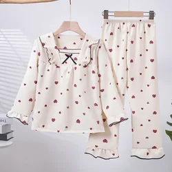 New Girls Cute Bowknot Heart Cartoon Rabbit Pajamas Long Sleeve V-neck Sleepwear Kids Spring Summer Casual Clothing Sets Pyjamas