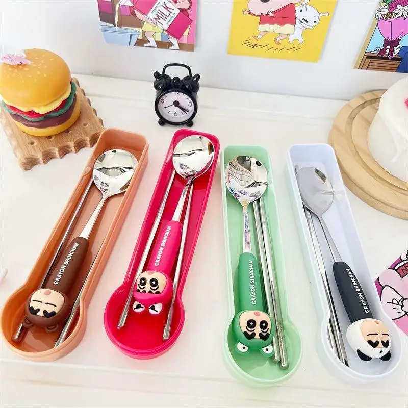 

New Bandai Cartoon Crayon Shin Chan Spoon Chopstick Box Kawaii Creative Anime Portable Children's Tableware and Household Spoons