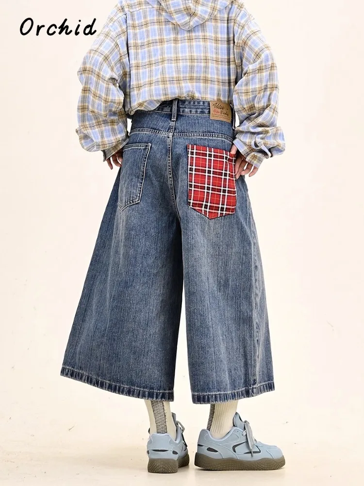 Grunge Y2K Eclectic Mid Long Denim Trouser 2000s Street Retro High Waist Jeans Women's Vintage Casual Plaid Patchwork Pants