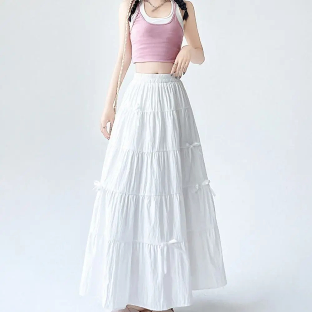 خمر Bowknot المتدرج ميدي تنورة مطوي عالية الخصر كعكة طويلة ألف خط التنانير بلون شيك سبع نقاط فستان طويل شيك #2