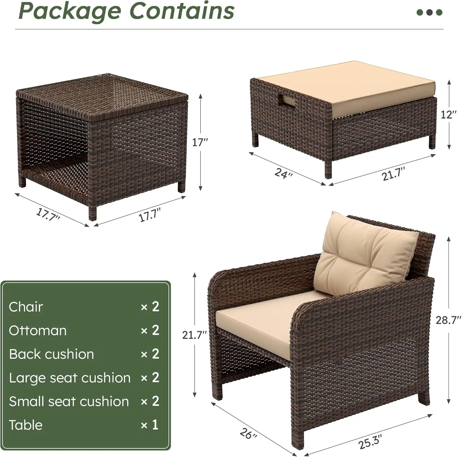 5-delige buitenterrasset met stoelen, poef en salontafel met kussens – beige en bruin