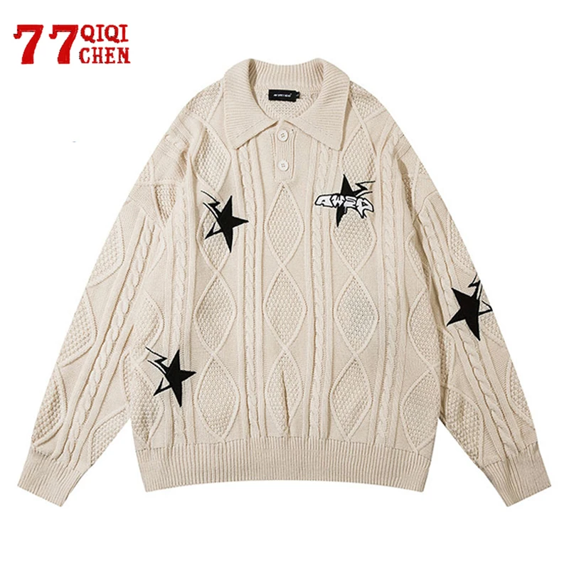 Harajuku Sweater Pullovers Men Y2K Star Embroidery Turndown Collar Knit Sweaters Korean Style Casual Jumpers Couple Streetwear