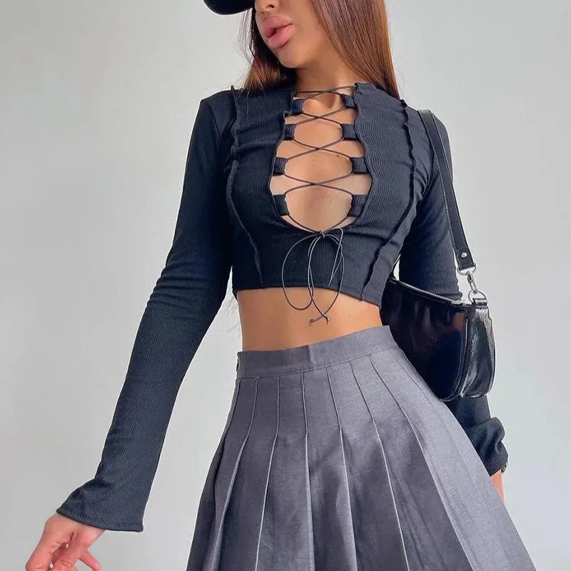 Sexy Cross Tie Straps Hollow Out Bare Midriff Short T Shirt Women Long Sleeves Bottoming Shirt Ladies Tee Shirt Tops Mujer