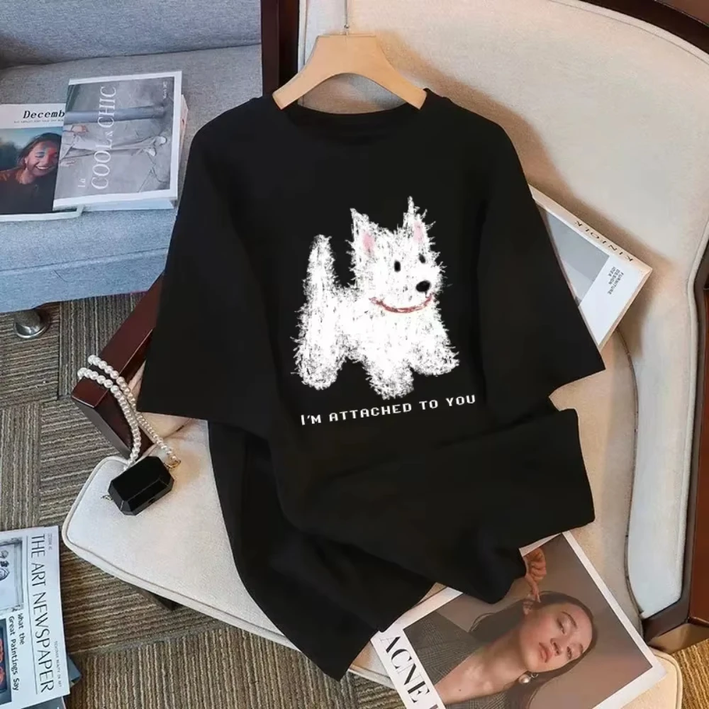 Cute Dog T Shirt Fashionable Korean Style Versatile I'm Attached To You Quote Fuzzy Dog Graphic Short Sleeve Casual Tops Korean