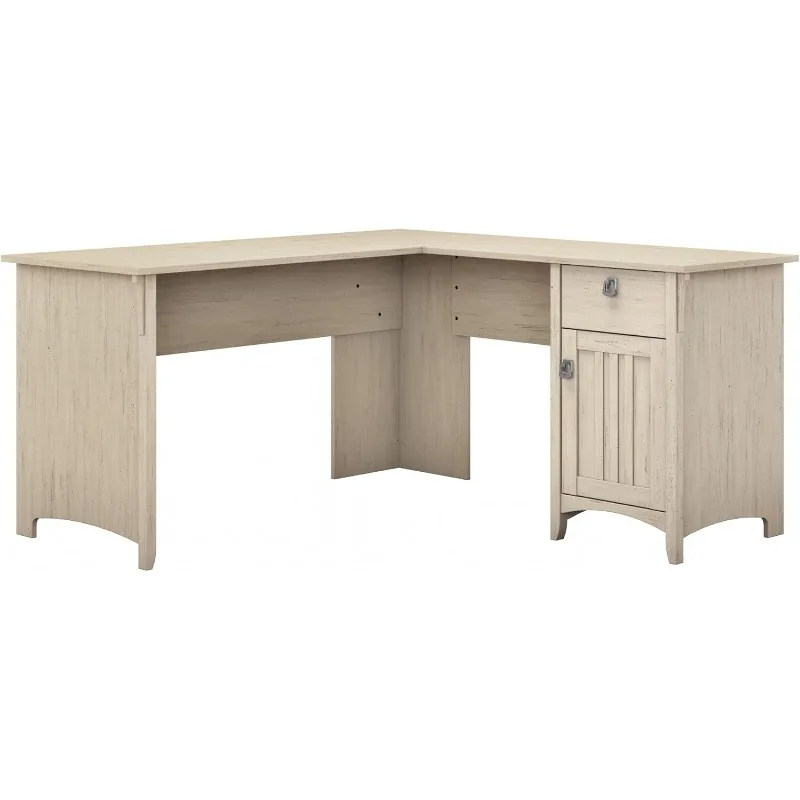 

L Shaped Desk with Storage in Antique White | Modern Farmhouse Corner Table with Drawers and Cabinets for