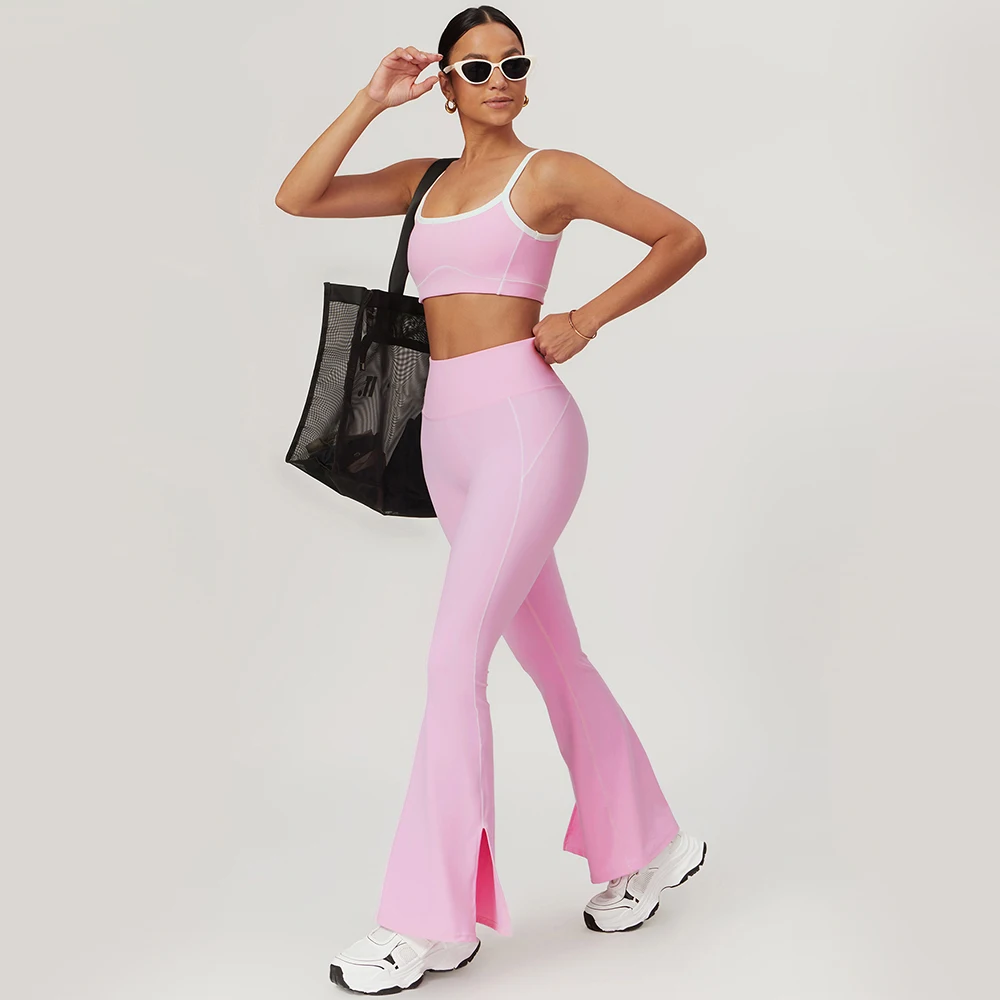 Conjunto de yoga para mujer, sujetador deportivo, mallas de entrenamiento para gimnasio, pantalones acampanados de cintura alta y anchos, pantalones