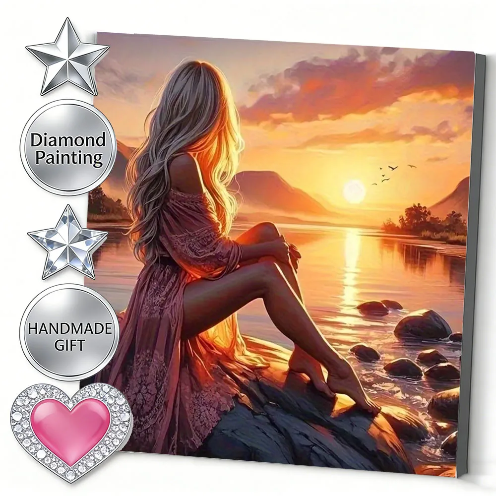 AZQSD Diamond Art Mosaic Woman Portrait Diamond Painting Sunset Seaside Home Decor Items Full Sqaure Round Drill Handmade