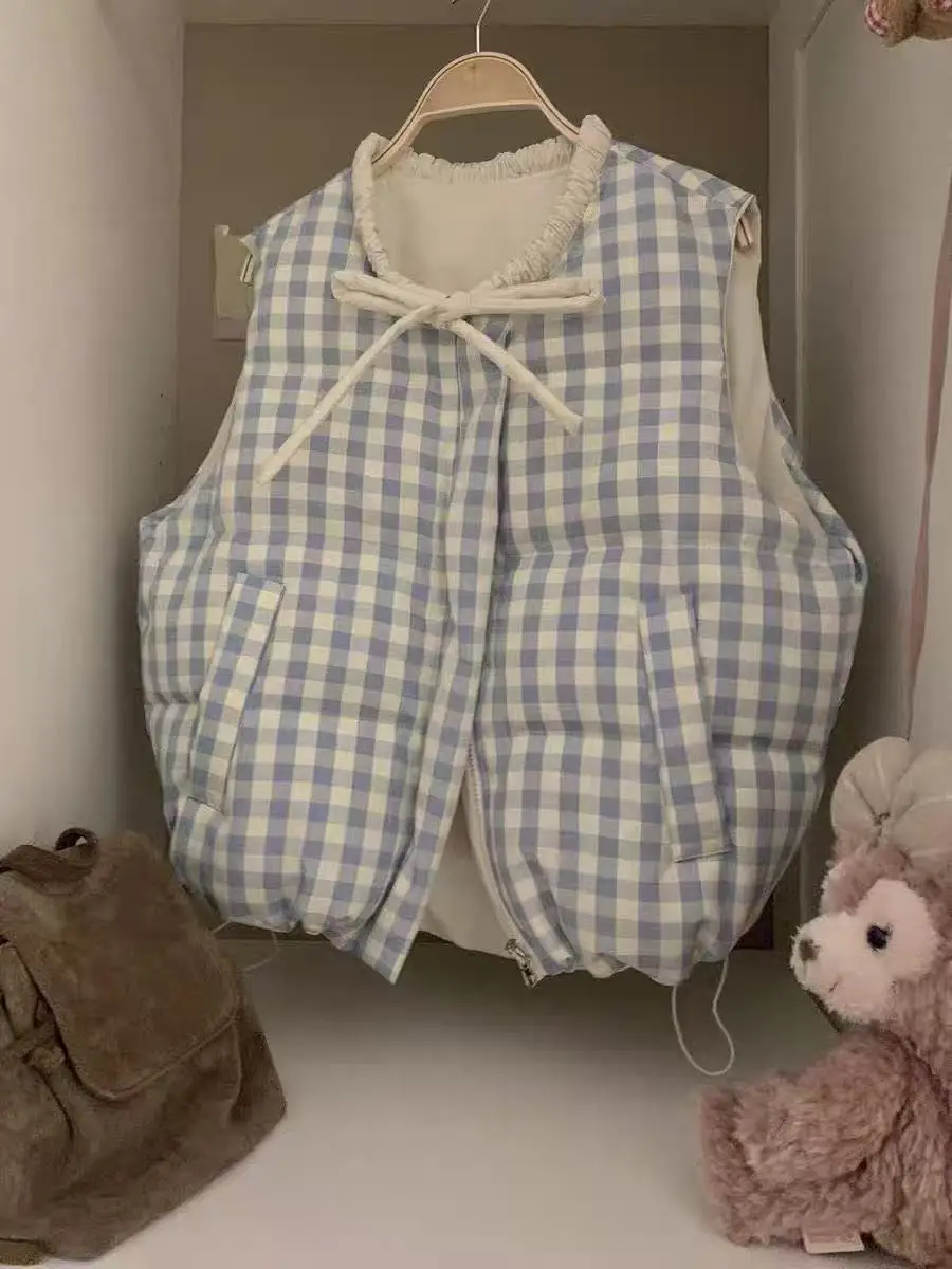 

Gagarich 2025 Autumn Winter Academy Sweet Cotton Robe Vest Bow Strap Korean New Grid Thickened Warm Bread Robe Top