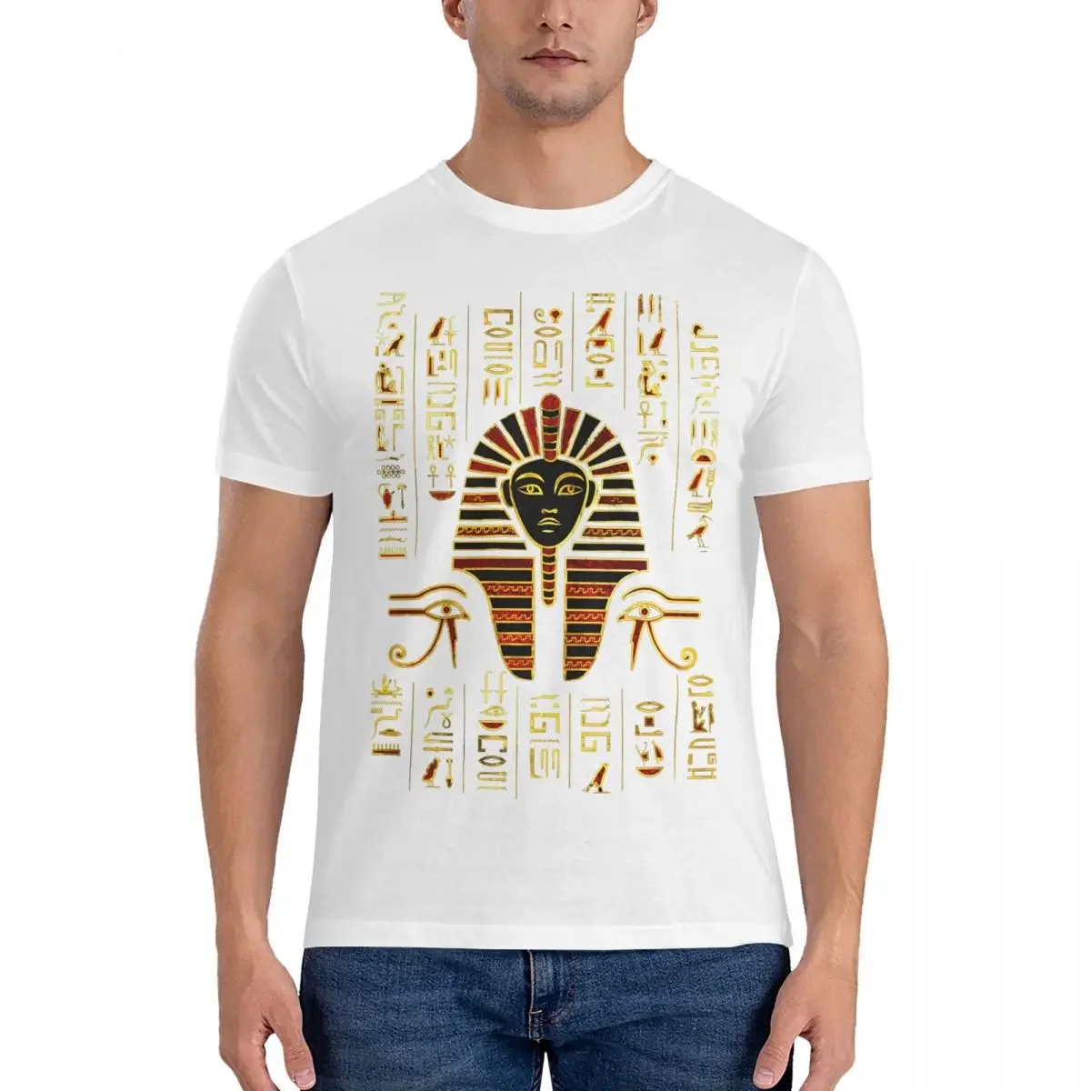 Egyptian Sphinx On Hieroglyphics Red Crystal And Gold T Shirt Ancient Egypt Culture Casual Tees Short Sleeve O Neck T-Shirts2024