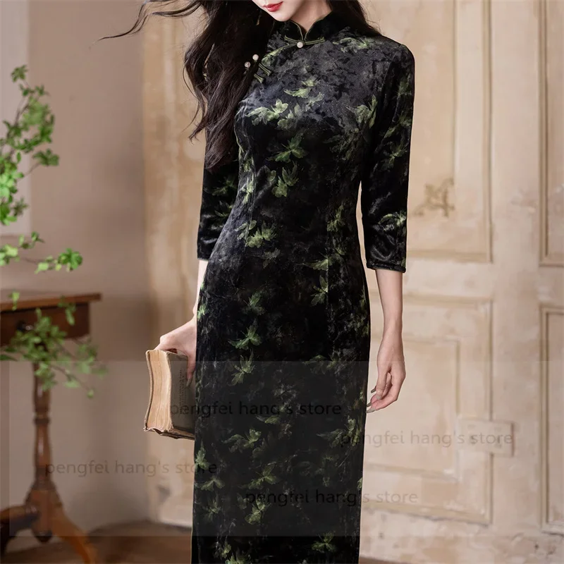 

Women Elegant Qipao Flower Print Chinese Style Dress 2025 Autumn Winter New Chesongam Long Sleeve Banquet Vestidos Hanfu Dress