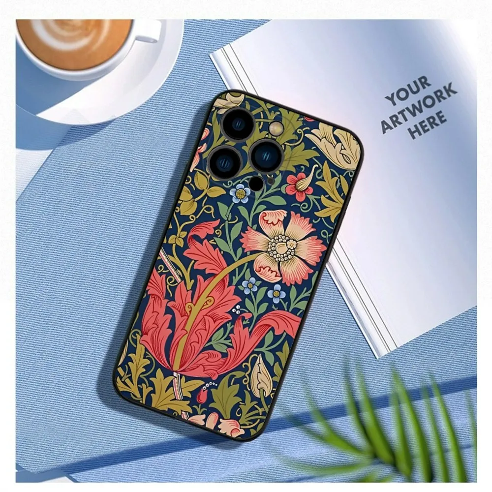 William Morris Strawberry Thief Design Phone Case For iPhone 16,15,14,13,12 Mini 11 Pro XR,XS,MAX Plus Silicone Cover Soft Black