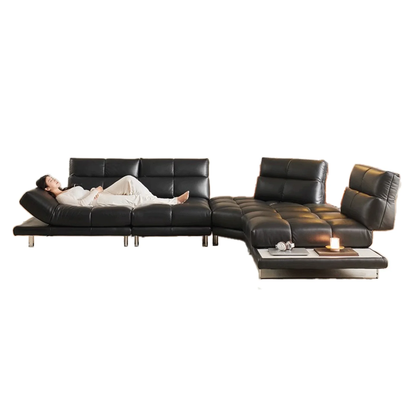 Full semi-green leather functional high backrest Roman large seat deep corner sofa living room