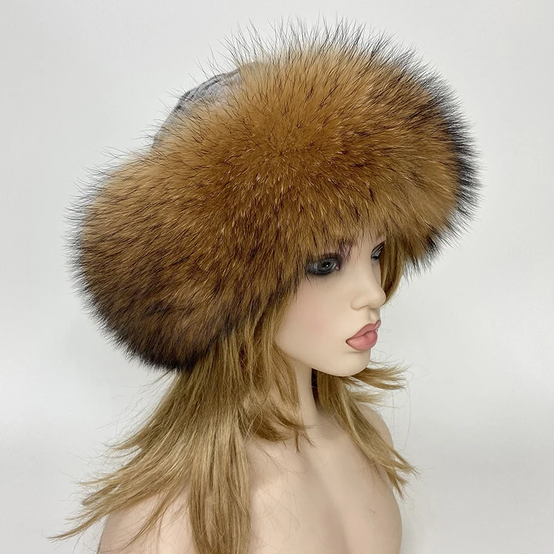 Women's Fluffy Real Fur Winter Hat - Warm Furry Bucket Fedora Dome Cap for Outdoor Snow Weather