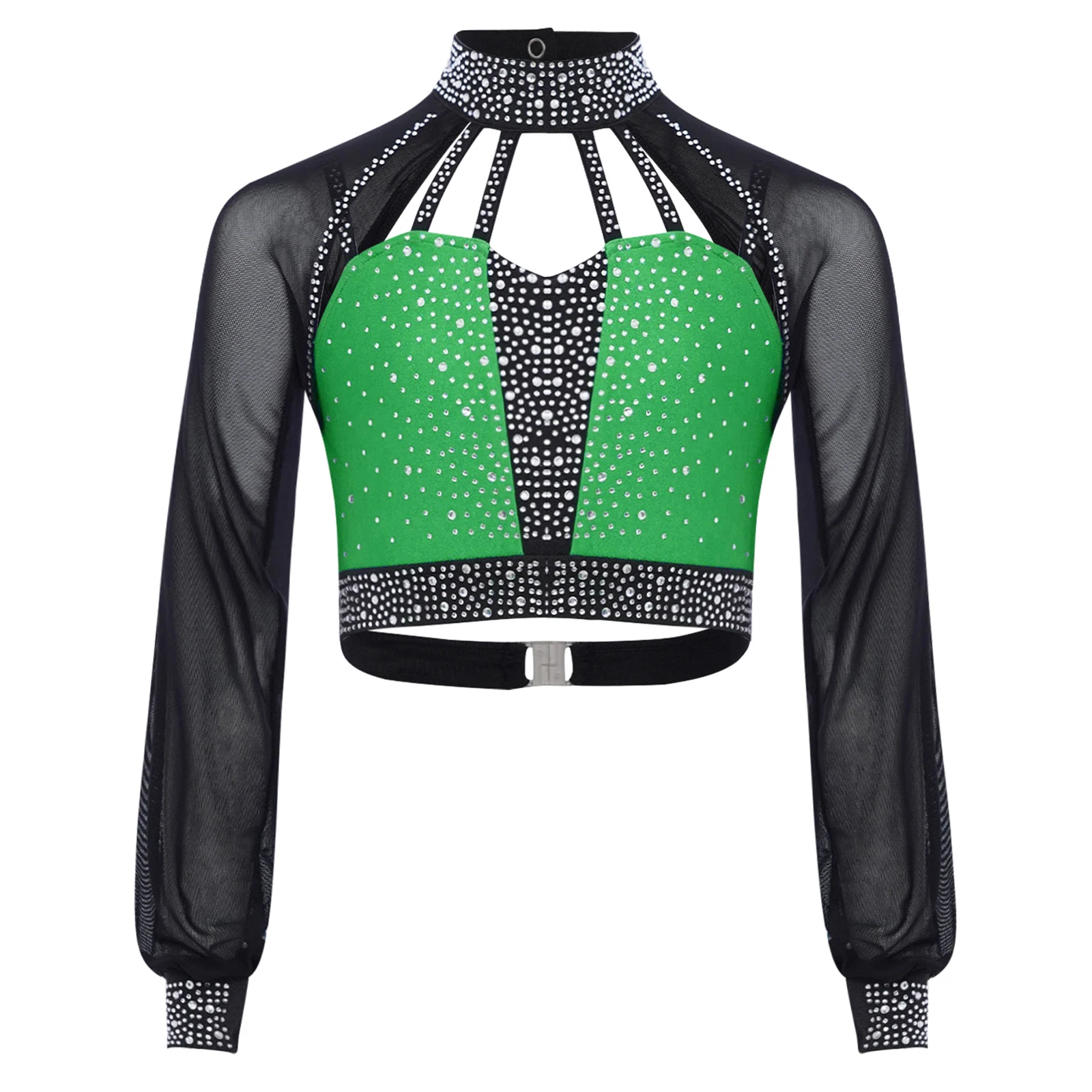 

Kids Girls Shiny Rhinestones Latin Jazz Dance Top Long Sleeves Sheer Mesh Color Block Shirt Figure Skating Dance Crop Tops