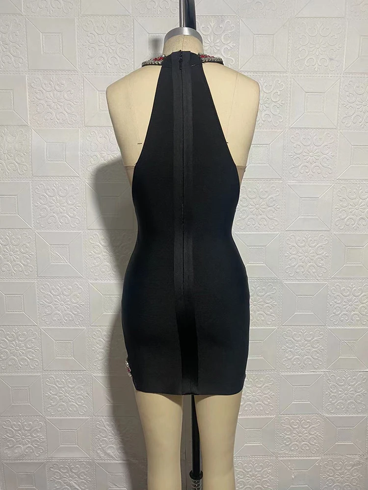 Sexy Diepe V-hals Mouwloos Bodycon Bandage Jurk Vrouwen Elegante Diamanten Uitsparing Ontwerp Zwarte Mini Jurk Celebrity Club Party Dres