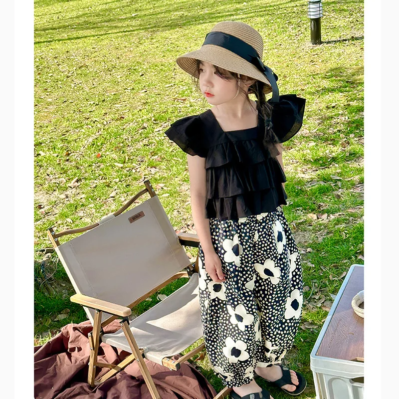 

Children's Clothing Sets Baby Girls Summer Black Fly-sleeved Top and Mosquito-proof Pants Kids Clothes Two-piece Outfits