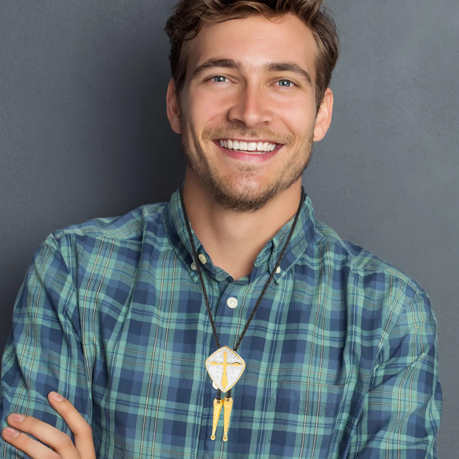 

1pc Cross Bolo Tie Necklace Antiqued Pendant Braided Zinc Alloy Adjustable Design Cowboy Necktie Rustic Vintage Western