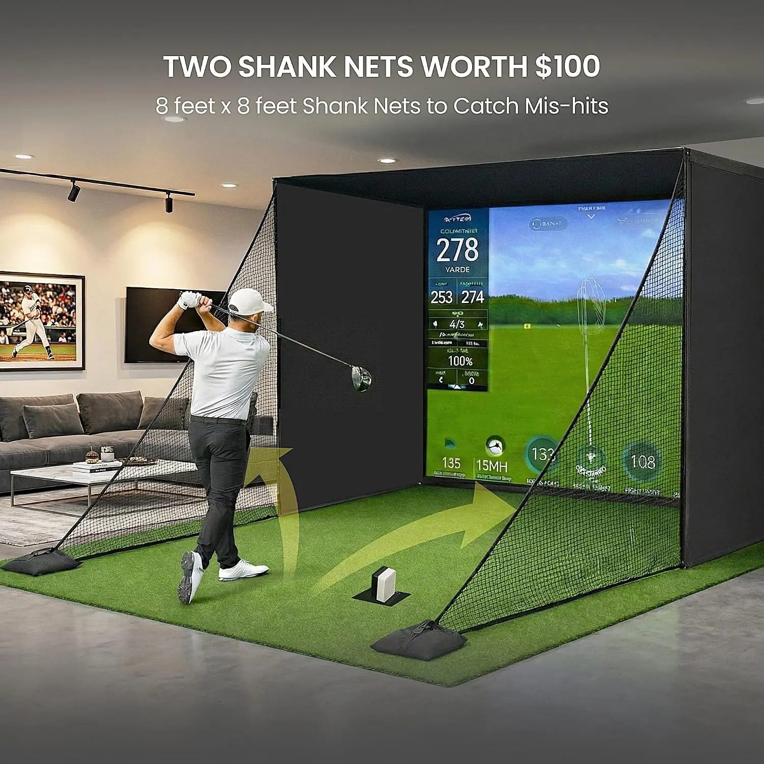 Golf Simulator Enclosure for Home 10x8 ft Cage with HD Impact Sim Screen Two Shank Nets and Corner Foam Padding for Practice at Indoor Garage - view 3