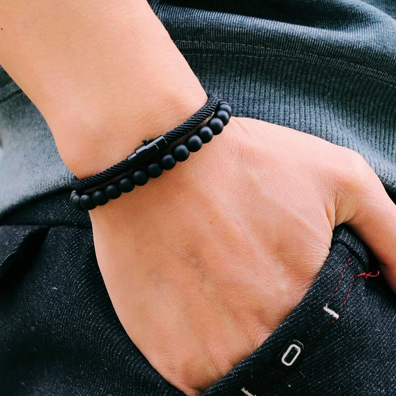 

Крутые аксессуары для мотоциклов для мужчин, 2 шт./компл., магнитная застежка, класс A, веревка, велосипедный браслет, 6 мм, оникс, камень, браслет из бисера, Homme