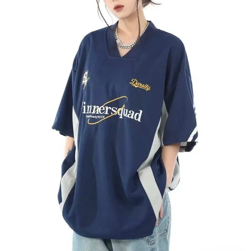 

American High Street Embroidery Splicing V-Neck Short-Sleeved T-Shirts For Men Women Ins Loose Hiphop Half-Sleeve Jerseys Tide