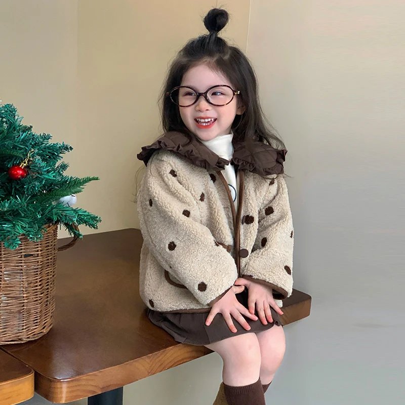 

Girls' Cozy Fleece Jacket, Cute Ruffled Collar Warm Fleece Coat with Pockets, Sweet Autumn And Winter New Outerwear for Kids