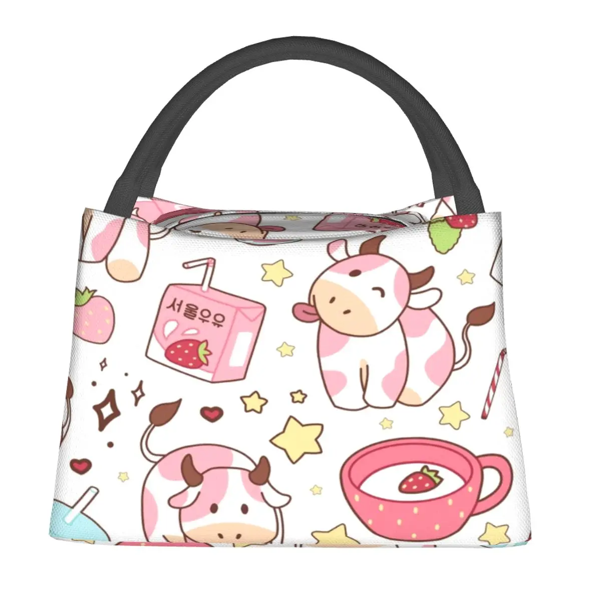 Strawberry Milk Pink Korean Cow Kawaii Cute Lunch Bags Bento Box Lunch Tote Picnic Bags Cooler Thermal Bag for Woman Girl School