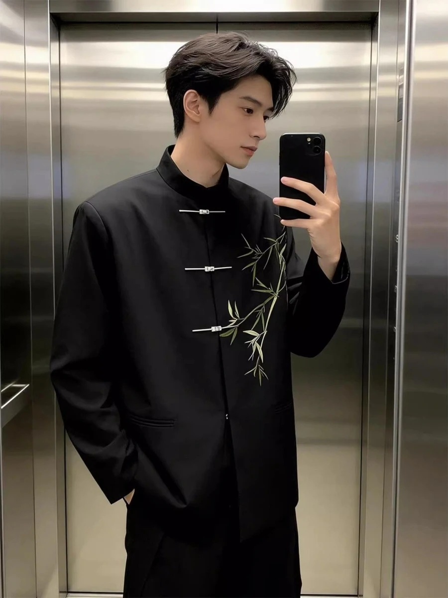 

Мужской свадебный костюм свободного кроя в традиционном китайском стиле с бамбуковыми подплечниками и воротником-стойкой, модная городская мужская одежда