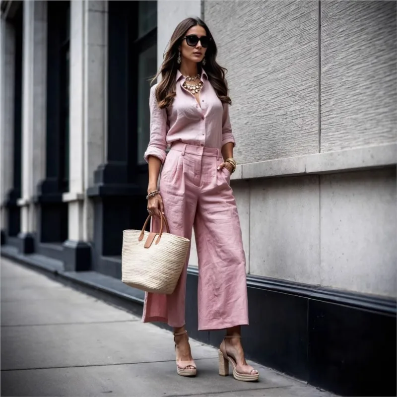 

Women Commuting Style 2 Piece Sets Autumn Outfits 2025 New Temperament Long Sleeve Shirts And Loose Wide-leg Pant Casual Set