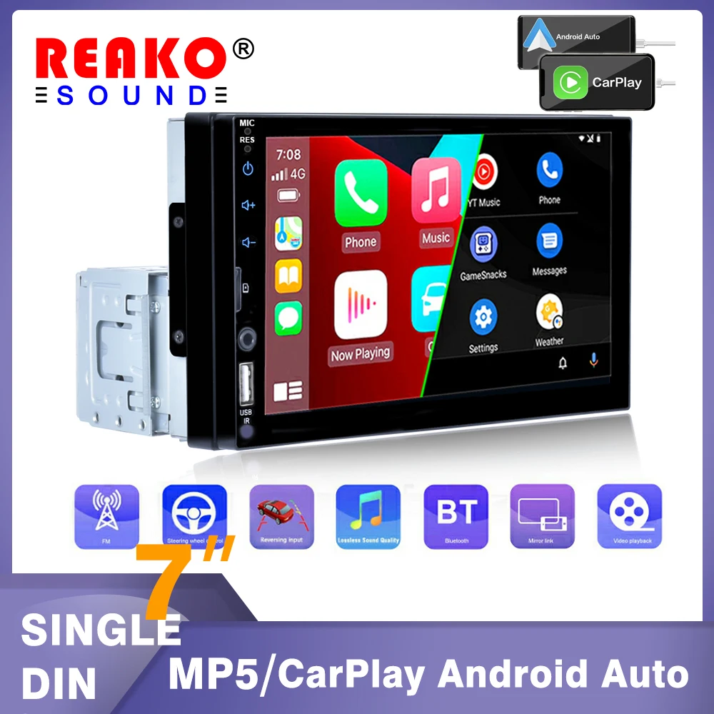 REAKOSOUND 1 Din Car Stereo Radio 7'' Touch Screen Carplay Universal Car Multimedia Player with BT FM Radio Receiver