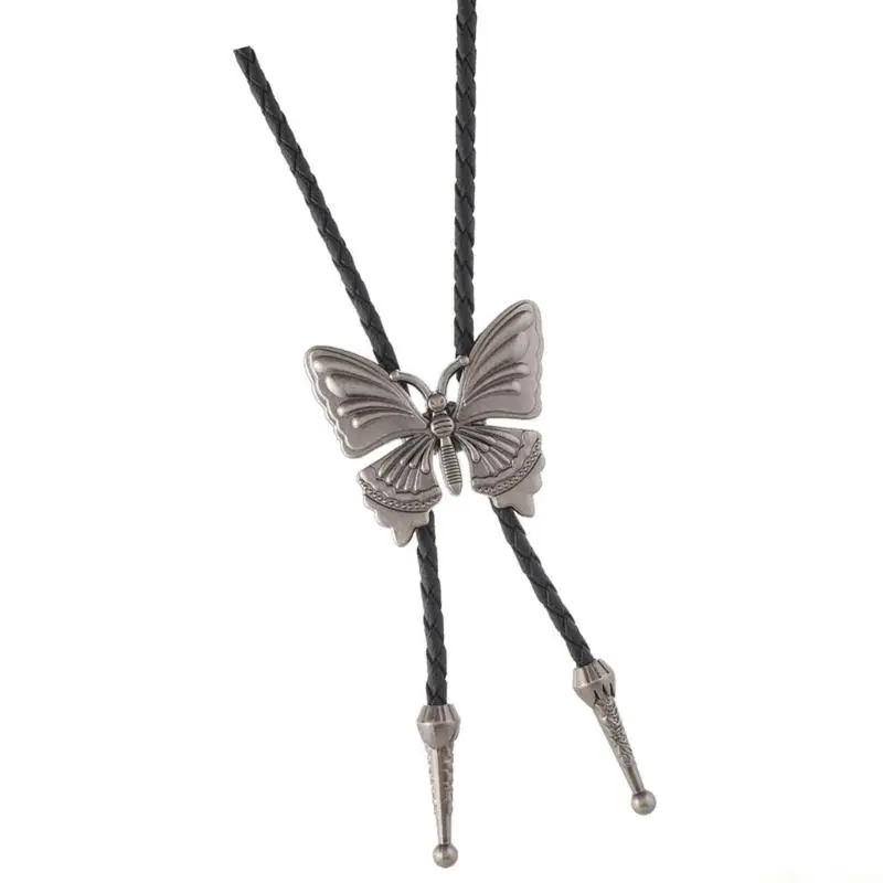 31BF Western Rodeos Alloy Butterfly Pendant Accent Bolo Tie Necktie Adjustable PU Leather Cord Necklace For Men And Women
