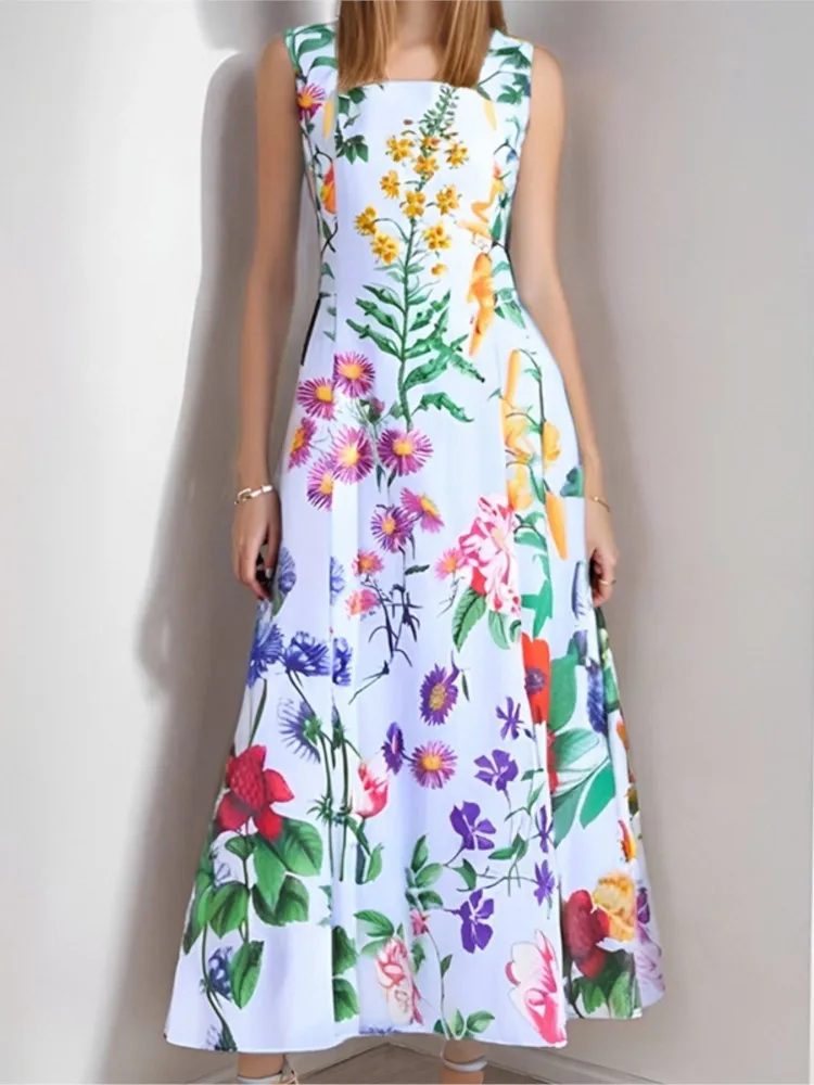

Flower Print Fashionable Long Skirt Summer New Women's Sexy Backless Strap Big Swing Sleeveless Loose Square Neck Dress