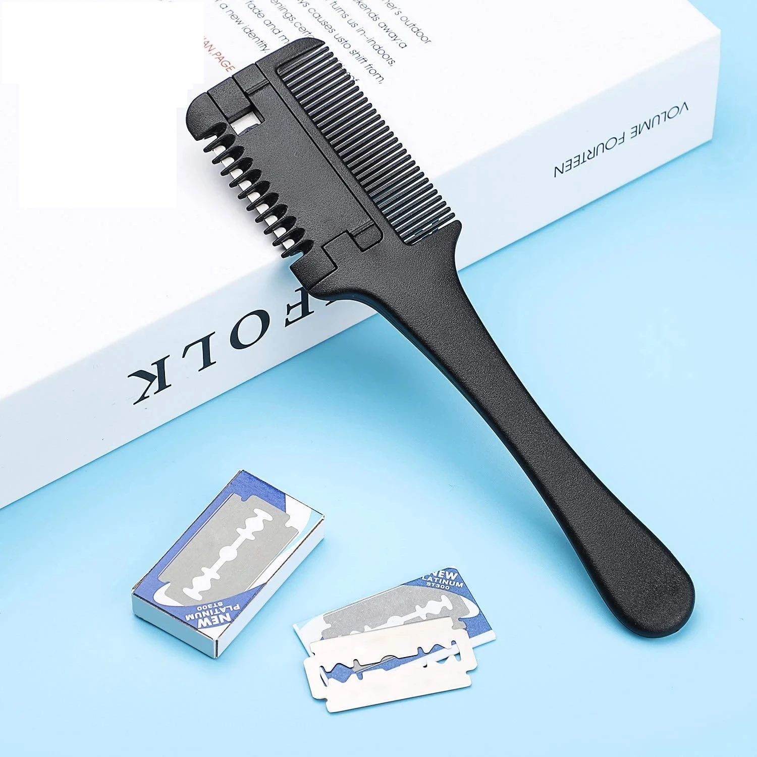 Barber Cut Comb Carbon Hair Brush Professional Handle Brush with Razor Blades Double Edge Razor Blade Detachable Styling Tools 