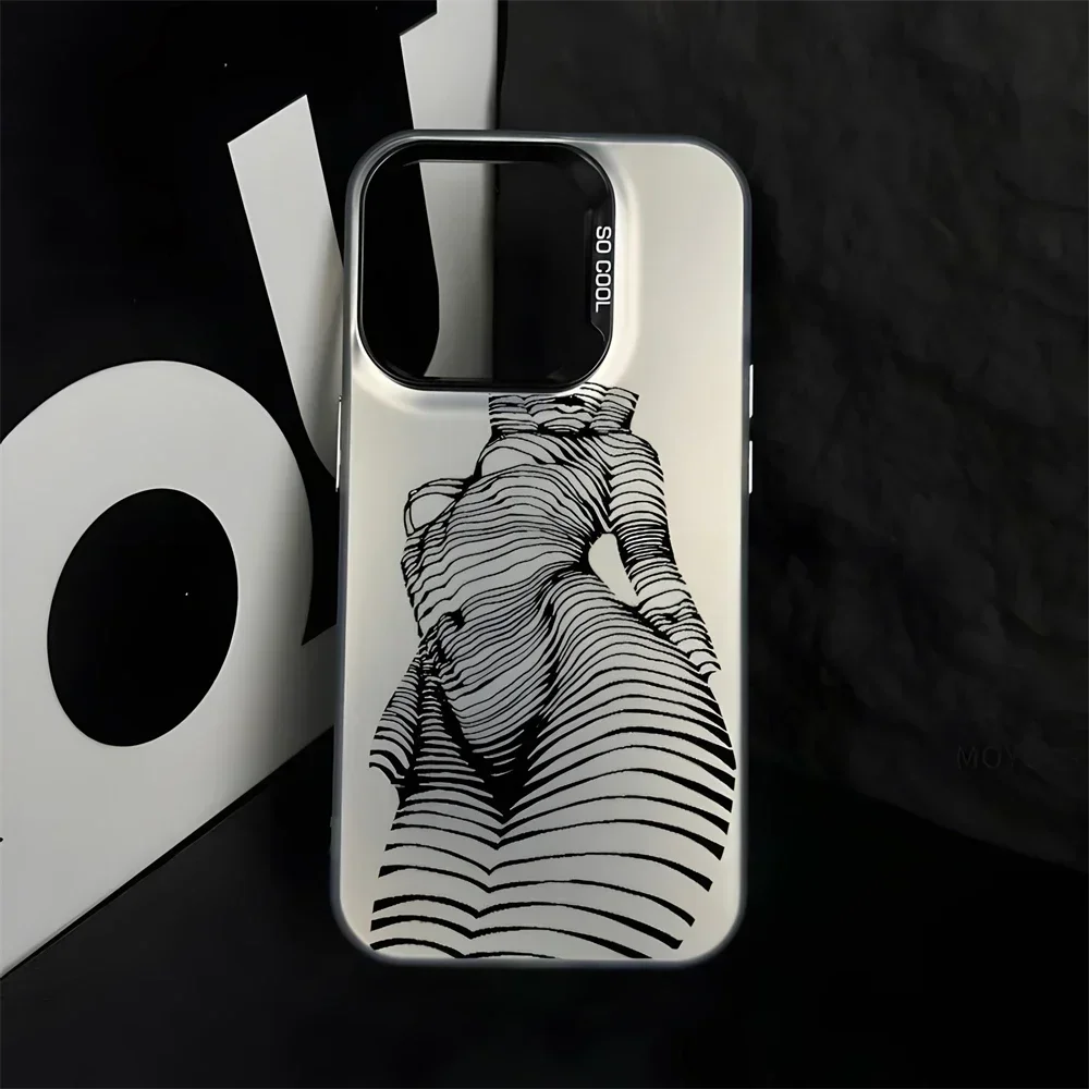 Geometric Line Sexy Girl Body Case for iPhone 16 11 12 13 mini 14 15 Pro Max XR 7 8 Plus Hard Plastic Laser Cover for Women Boys