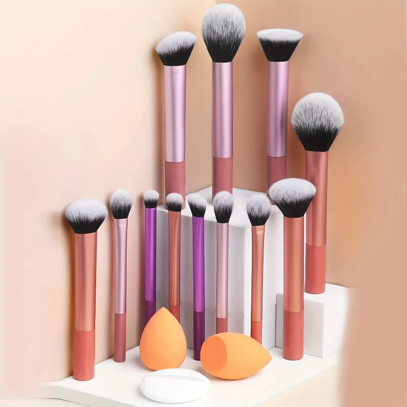 Ensemble de pinceaux de maquillage complets classiques de 12 pièces avec mélangeurs coudés et en forme de larme, 1 bouffée de poudre – Outils d'application professionnels, Nylon