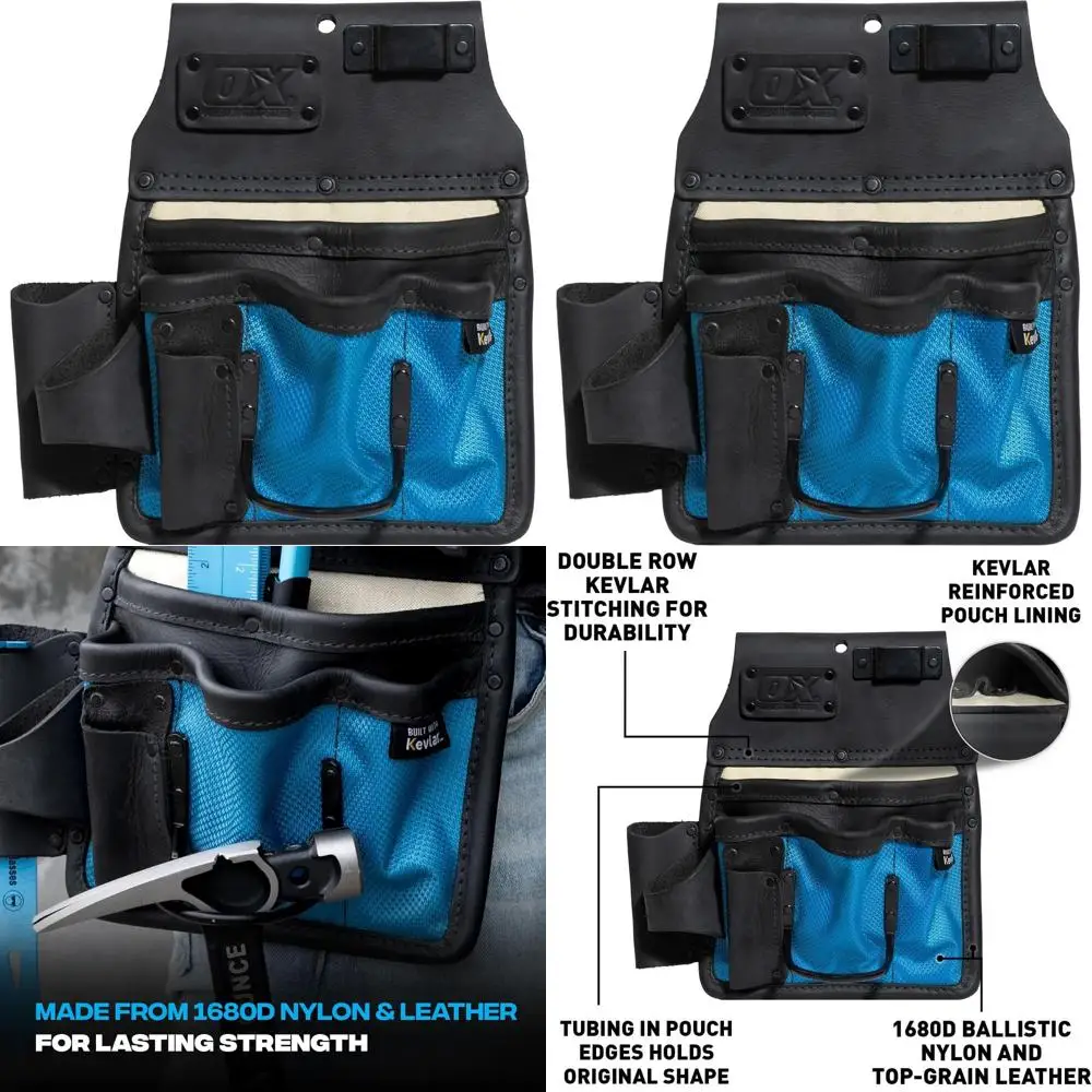 

Kevlar-Reinforced 10-Pocket Leather & Nylon Tool Bag with Hammer & Tape Holder - Waterproof, Fits 2-3 Inch Belts