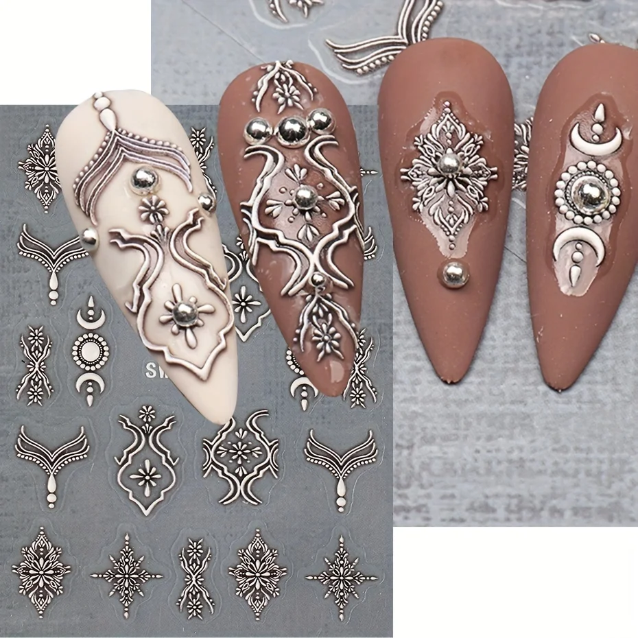 5D Mode Totem Geprägte Nagel Aufkleber Schwarz Weiß Filigrane Retro Selbstklebende Aufkleber Spitze Blumen Relief Maniküre Folis Dekor