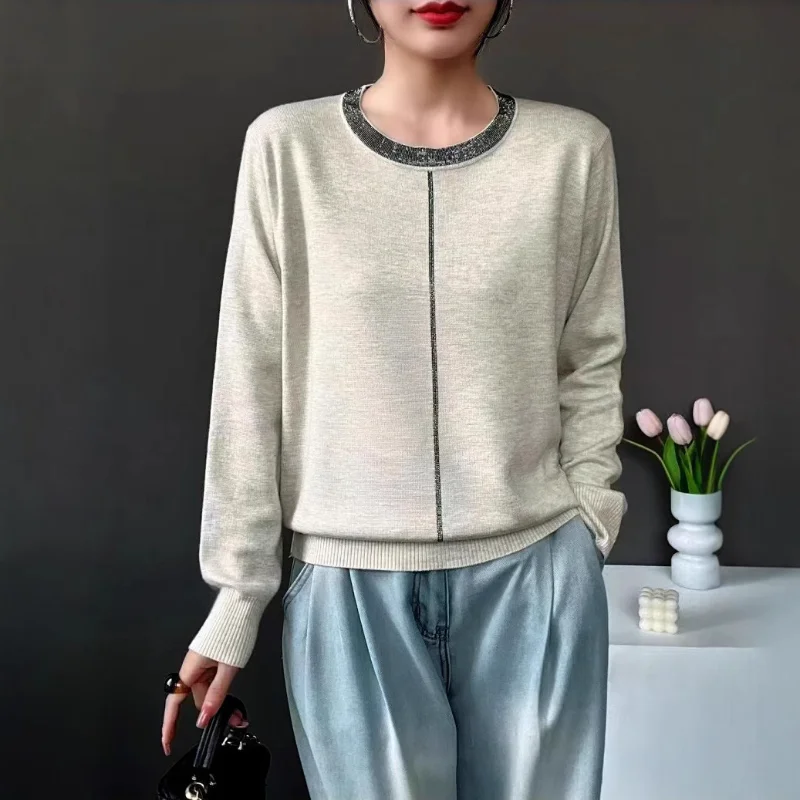 Fashion Round Neck Long Sleeve Rhinestone Embellished Sweater Women Spring Autumn New Style Loose Versatile Base Layer Knitwear