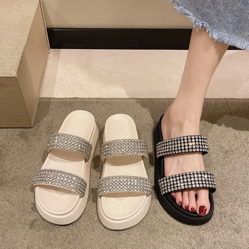 Rhinestone Slippers Women Summer Shoes 2022 Ladies Fashion Beach Shoes Designer Slides Woman Casual Comfortable Flip Flops Flats