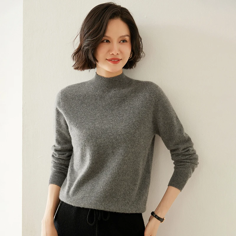 First-Line Ready-To-Wear Half High Collar 65% Wool 35% Cashmere Sweater Women\'s Top Ultra Light Soft Knit Jumper Autumn Winter