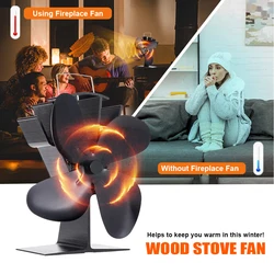 4-Blade Black Heat Powered Stove Fan Eco Quiet Efficient Heat Distribution Fan for Log Wood Burner Fireplace Komin Home Heater